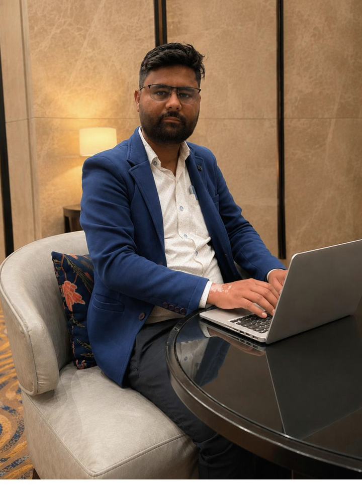 CS Pradeep N Badi, Practicing Company Secretary, working at his laptop